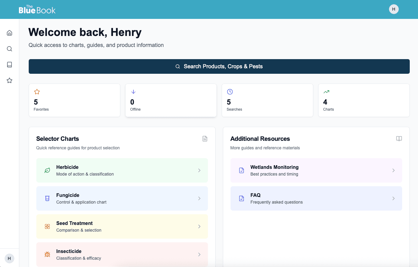 BlueBook App platform showing product search, selector charts, and agricultural reference tools