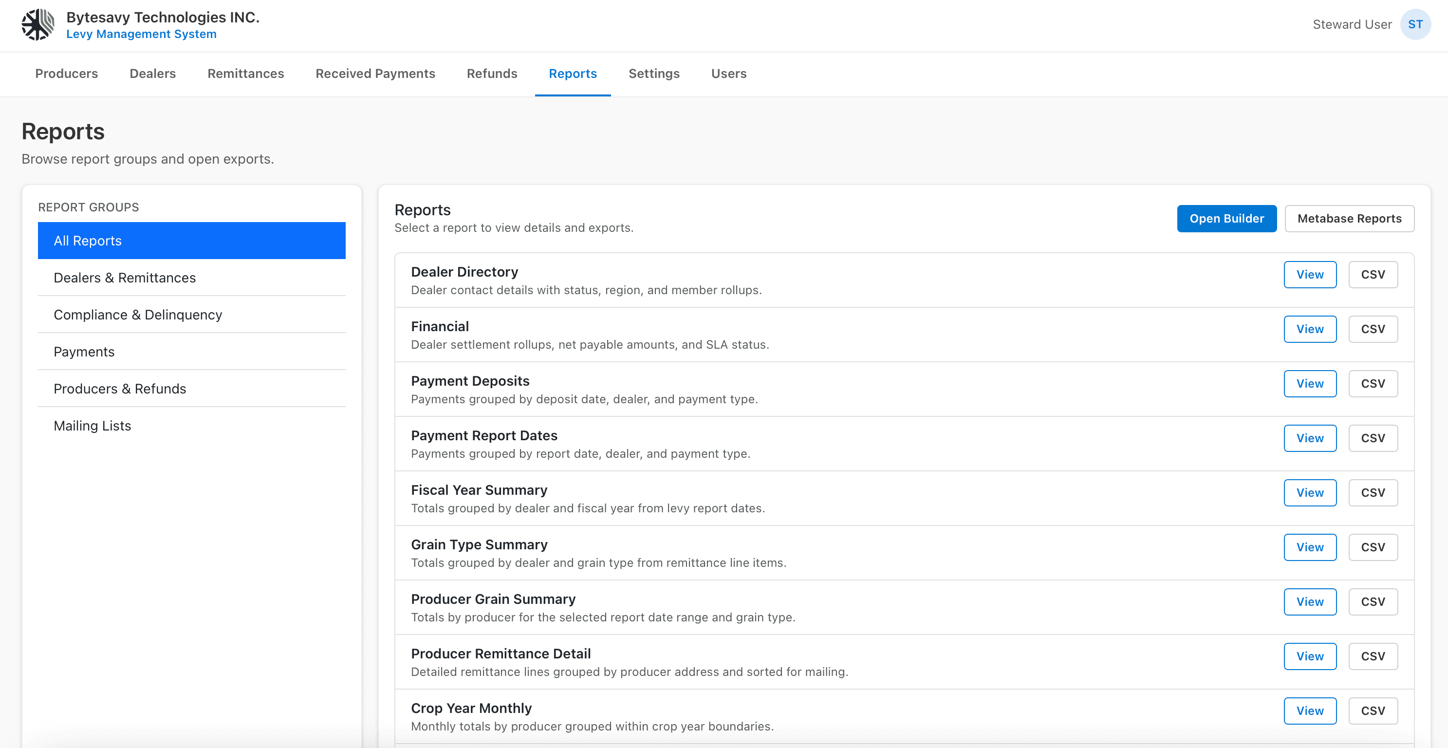 Levy Database reports interface